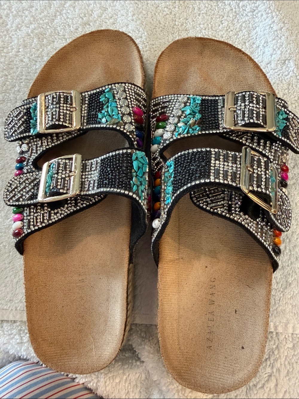 Embellished Black Slide Sandals with Turquoise & Multicolor Beads